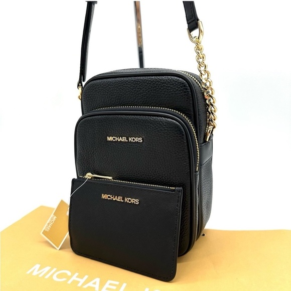 Michael Kors Medium NS Chain Xbody Bag & Small TZ Coinpouch w/ID Black/Gold - Picture 1 of 14